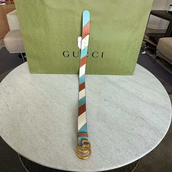 Gucci Calfskin Leather Belt Unisex GG Marmont 85cm Gold Double G 400593 - Picture 12 of 14